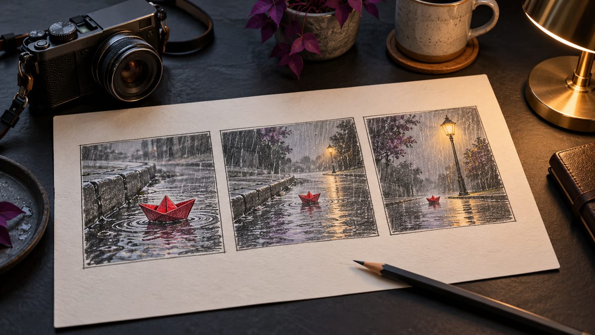 A three-panel storyboard shows a red paper boat moving through rain toward a streetlamp.