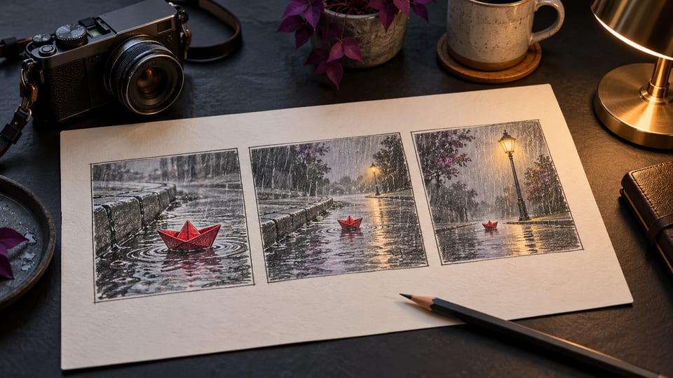 A three-panel storyboard shows a red paper boat moving through rain toward a streetlamp.