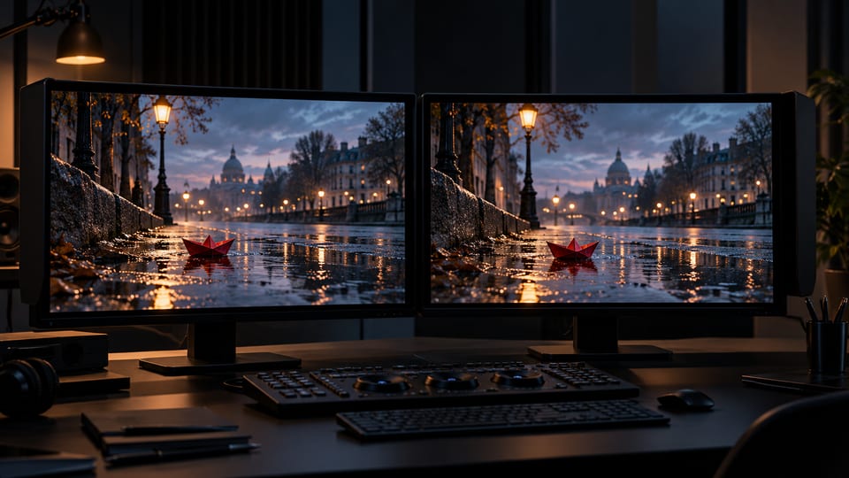 Two monitors show matching video frames during a side-by-side review in a dark studio.