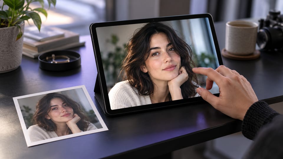 A tablet displaying a portrait beside the same printed photo reference during an editing review.