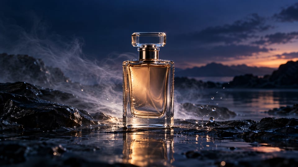 A glass perfume bottle on a reflective shoreline in a cinematic blue-hour scene.