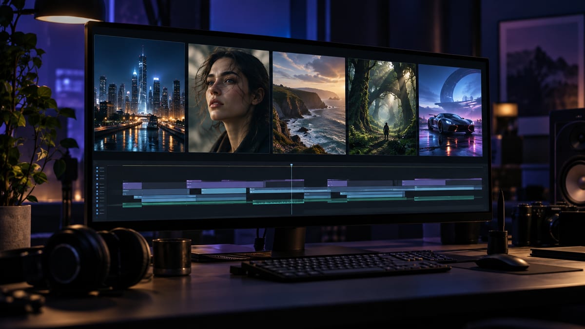 A video editing monitor displays five distinct cinematic scenes above a multitrack timeline.