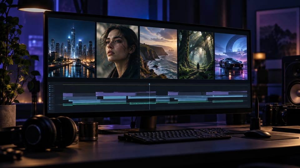 A video editing monitor displays five distinct cinematic scenes above a multitrack timeline.