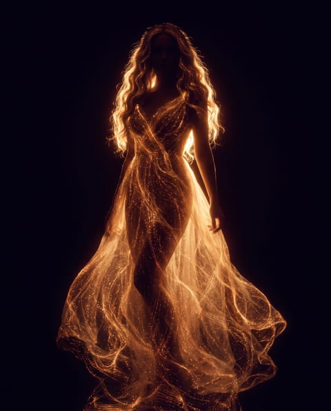 A full-length woman formed from warm golden light against a nearly black background.