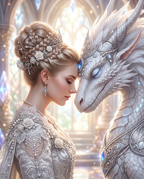 A woman in an ornate white gown rests her forehead against a white dragon in a luminous palace.