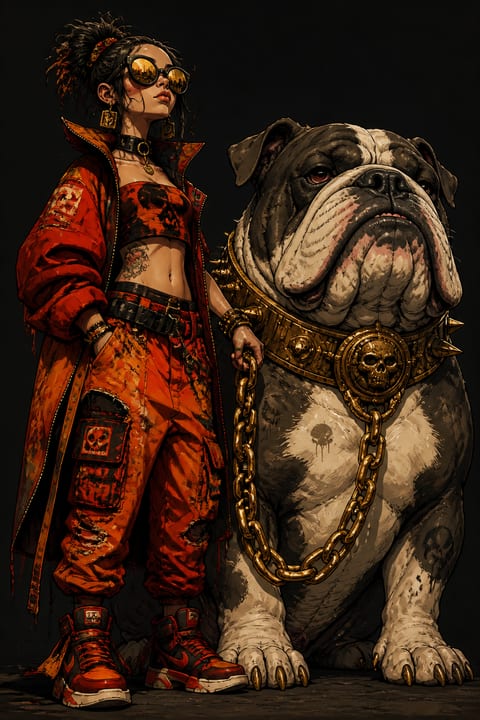 A woman in vivid red streetwear stands beside an oversized bulldog in a dark graphic-novel illustration.