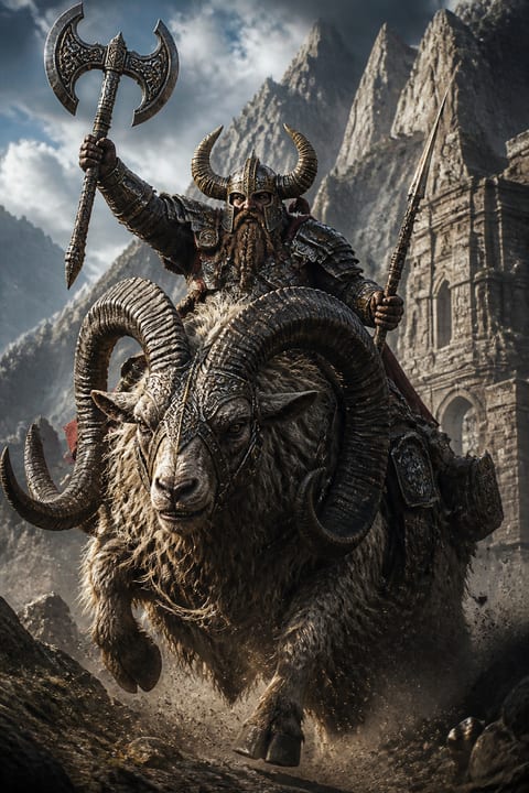 An armored dwarf rides a huge horned goat through a rugged mountain landscape.