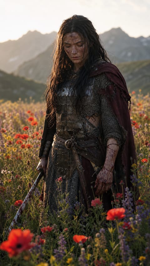 A battle-worn woman warrior stands among red poppies beneath distant alpine peaks.