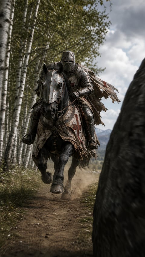 A mounted knight rides along a birch-lined mountain path toward a large rock.