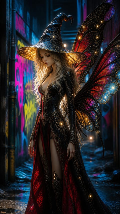 A fantastical woman with luminous butterfly wings stands in a neon-lit city alley.