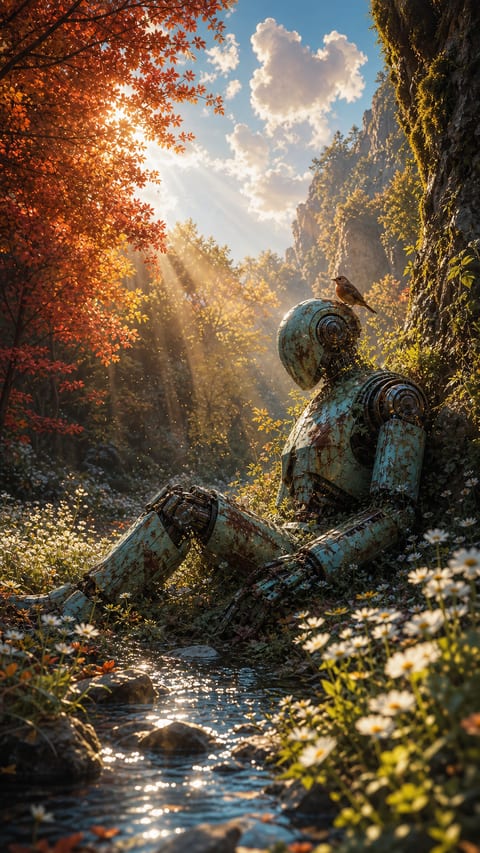 A rusted turquoise robot rests beside a stream among wildflowers and glowing autumn trees.