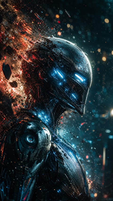 A close-up of a weathered blue mechanical guardian lit by sparks and deep space-like shadows.