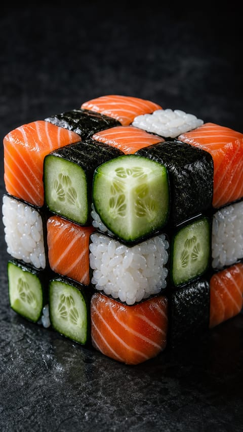 Colorful sushi pieces form a precise cube against a dark studio background.