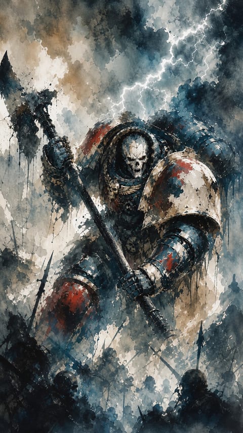 A skeletal warrior in ornate armor emerges from expressive blue-gray watercolor brushstrokes.