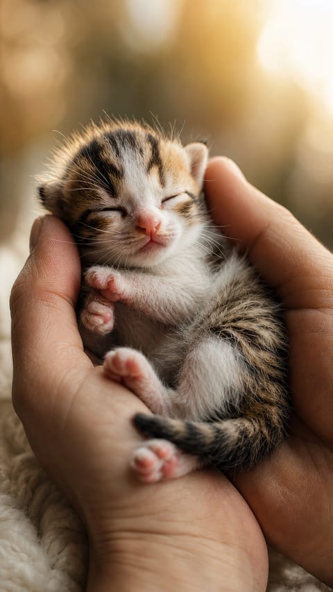 A small tabby-and-white kitten sleeps while gently cradled in a person’s hands.