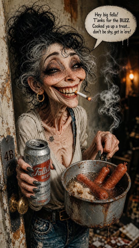 A playful, exaggerated character enjoys a meal in a colorful comic-book scene.