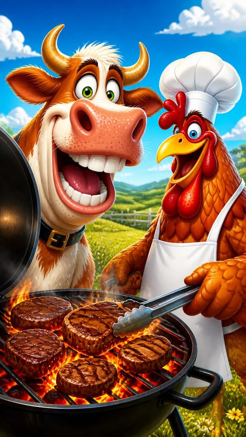 A cheerful cartoon cow and rooster cook together at an outdoor barbecue.