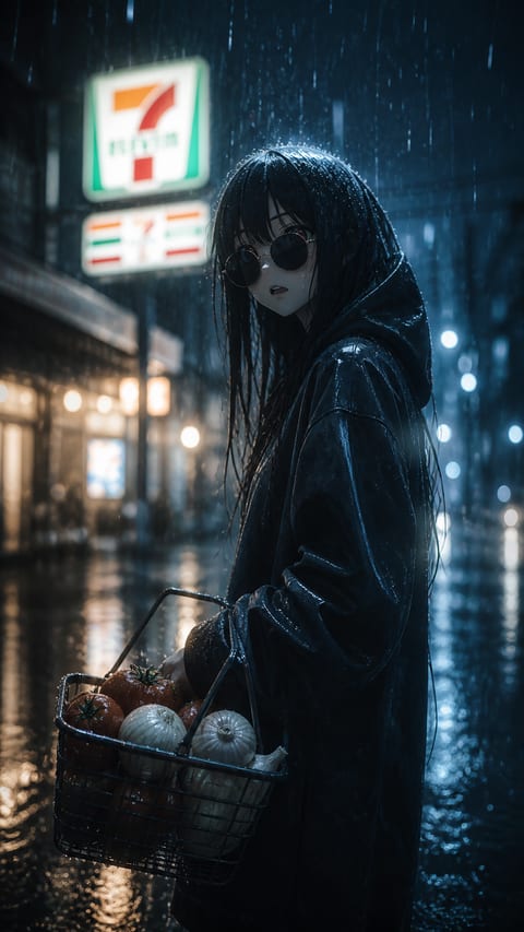 A mysterious anime-inspired figure stands in a rain-soaked cyberpunk street at night.