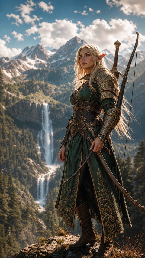 An elf warrior stands on a mountain ridge overlooking a sunlit alpine valley.