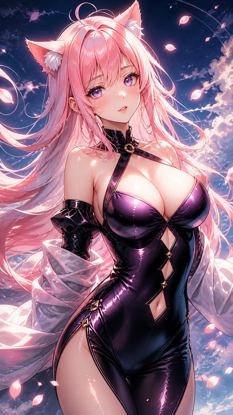 A pink-haired anime cat-girl poses beneath a soft, starry violet glow.
