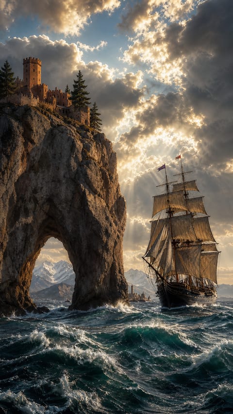 A historic sailing ship passes beneath a monumental limestone arch in a stormy sea.