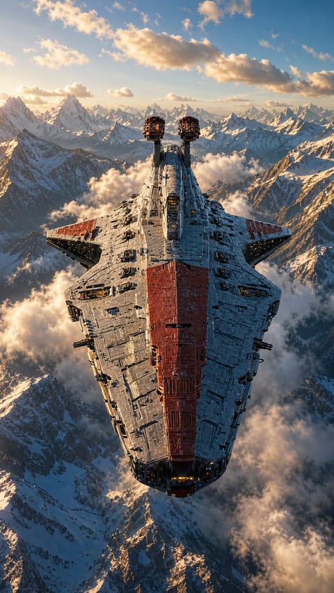 A massive red-and-white futuristic warship hovers above snow-capped alpine mountains.