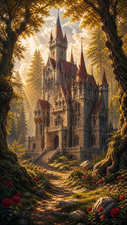 A warmly lit Gothic castle rises above a forest clearing and a winding path.